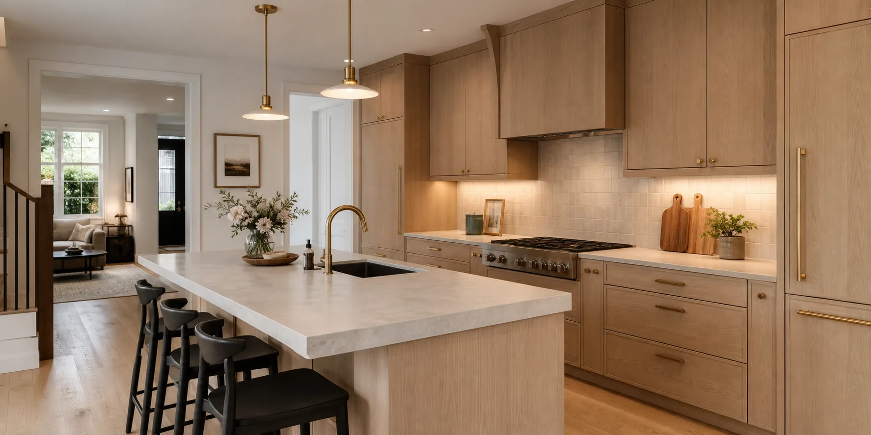 Completed warm modern kitchen renovation by MS Build Group