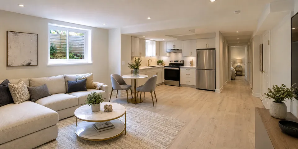 Bright finished basement living space with kitchen